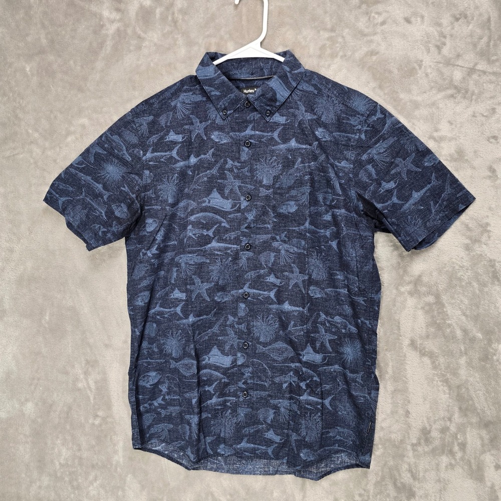 Hurley Men M Classic Short‎ Sleeve Button Up Blue Fish Shark Aloha Shirt Ocean